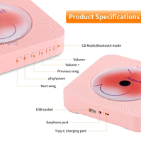 Yintiny roztomilý růžový CD přehrávač s Bluetooth 5.0, bezdrátové připojení. Přenosný, dobře vypadající a nabízí možnost nabíjen